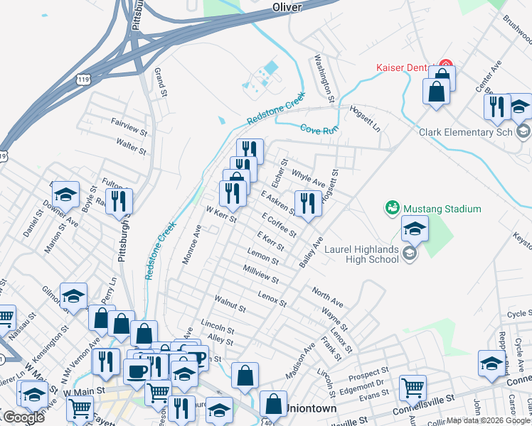 map of restaurants, bars, coffee shops, grocery stores, and more near 137 East Coffee Street in Uniontown
