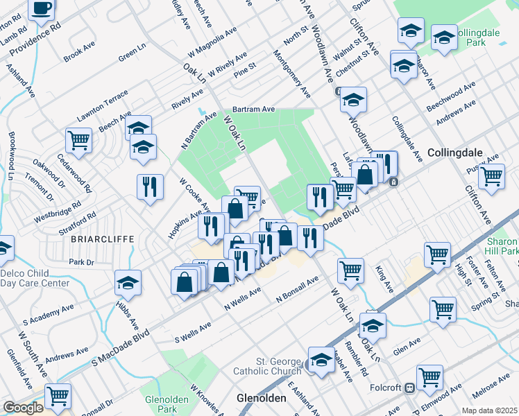map of restaurants, bars, coffee shops, grocery stores, and more near 207 North Academy Avenue in Glenolden