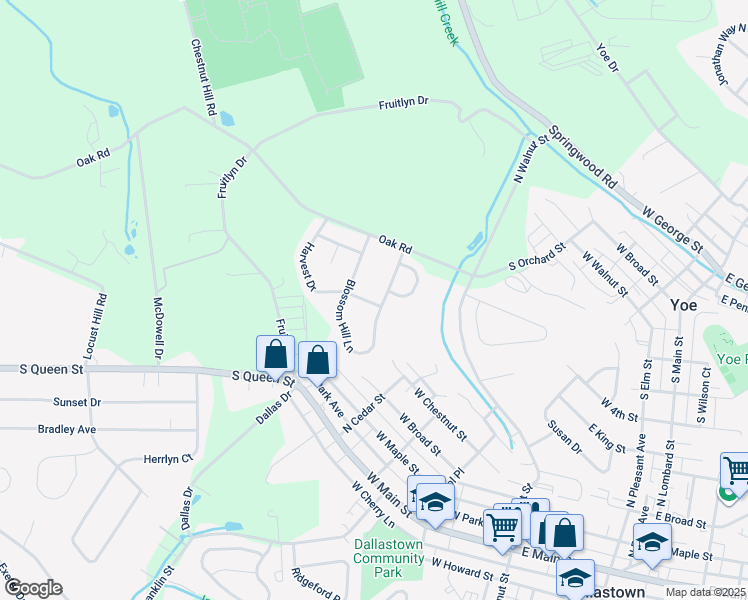 map of restaurants, bars, coffee shops, grocery stores, and more near 759 Blossom Hill Lane in Dallastown