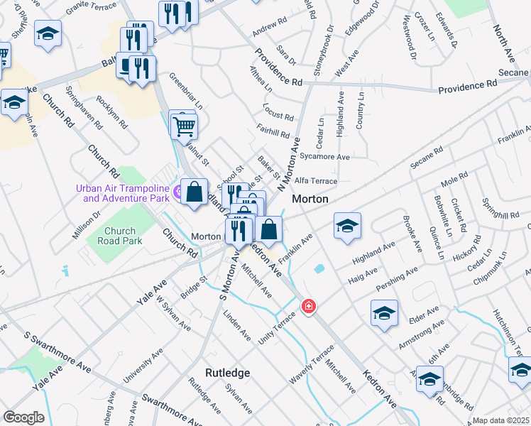 map of restaurants, bars, coffee shops, grocery stores, and more near 101 North Morton Avenue in Morton