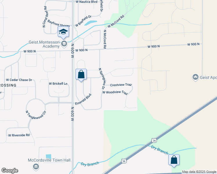 map of restaurants, bars, coffee shops, grocery stores, and more near 5715 Crestview Trail in McCordsville