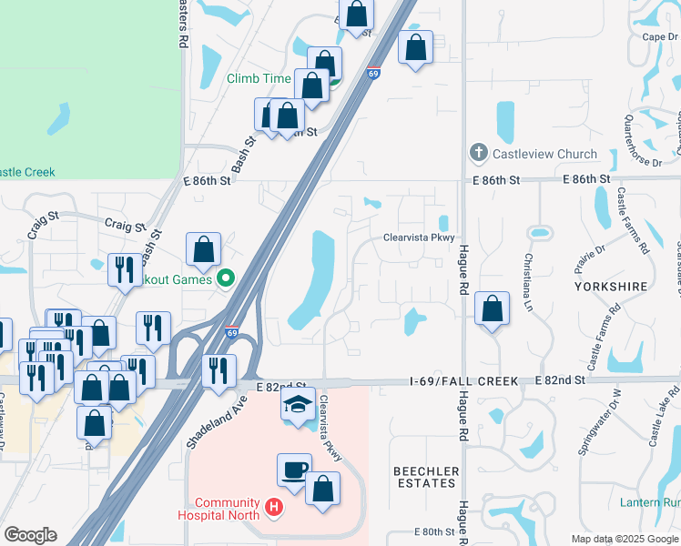 map of restaurants, bars, coffee shops, grocery stores, and more near 8390 Whipporwill Drive in Indianapolis