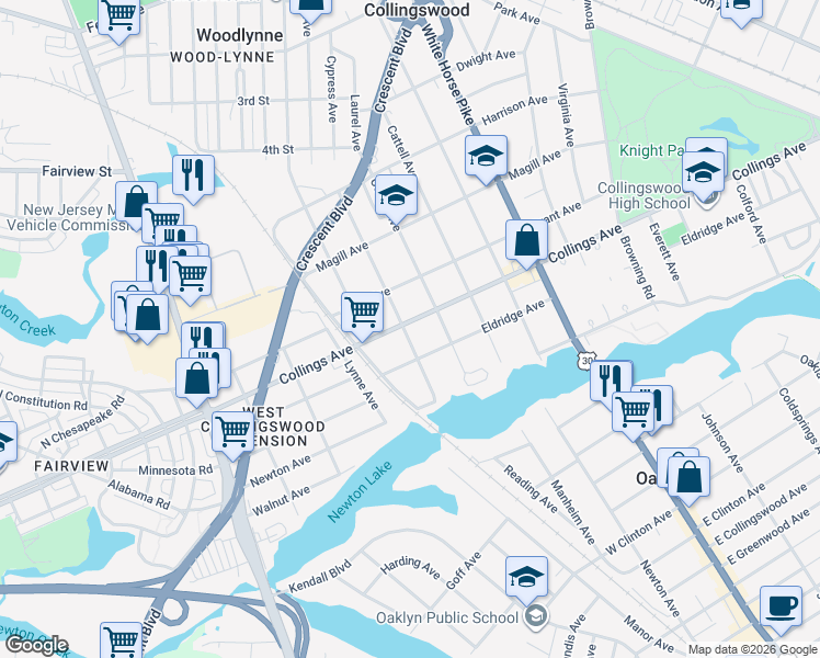map of restaurants, bars, coffee shops, grocery stores, and more near 918 West Collings Avenue in Oaklyn