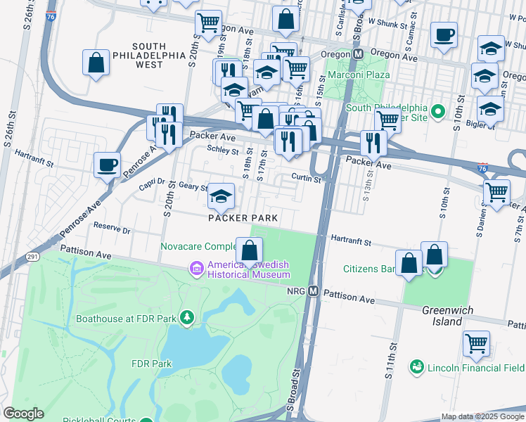 map of restaurants, bars, coffee shops, grocery stores, and more near 3223 South 17th Street in Philadelphia