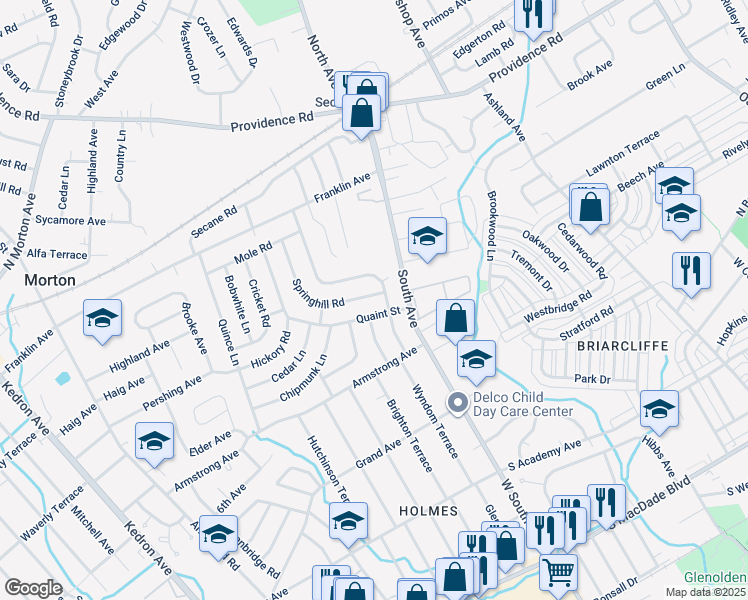 map of restaurants, bars, coffee shops, grocery stores, and more near 2748 Springhill Road in Delaware County