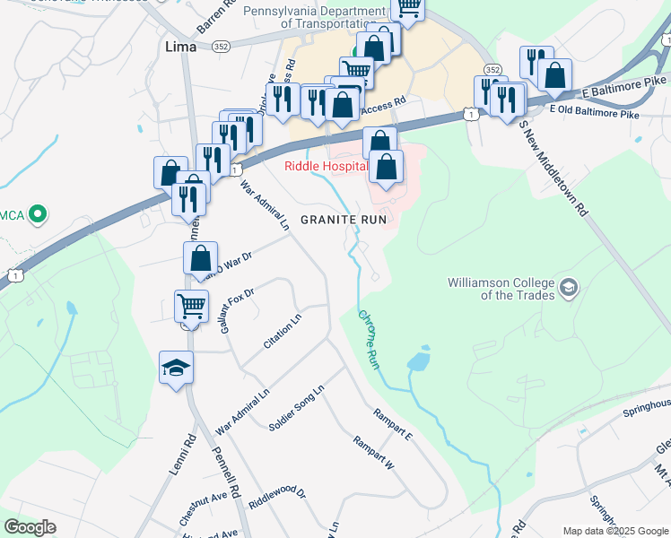 map of restaurants, bars, coffee shops, grocery stores, and more near 54 War Admiral Lane in Media