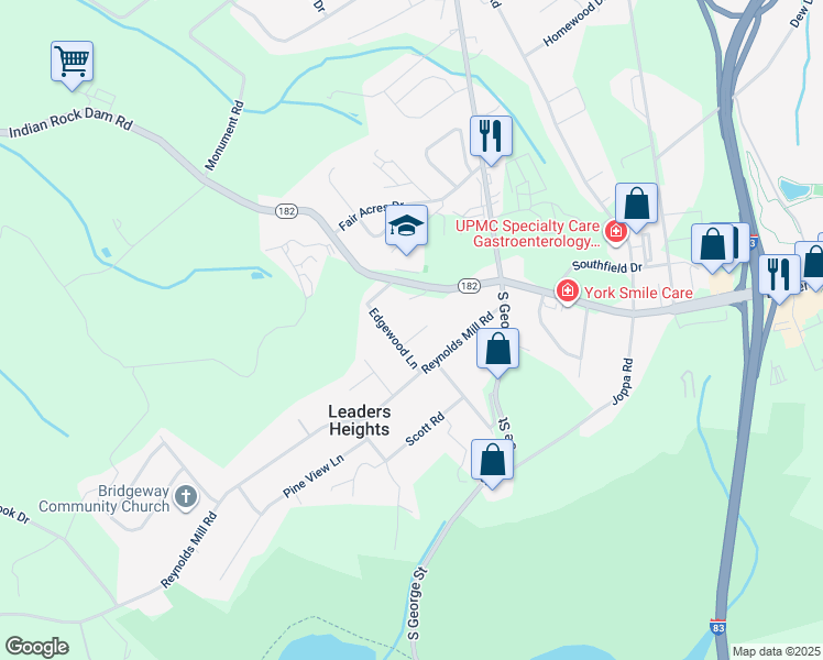 map of restaurants, bars, coffee shops, grocery stores, and more near 21 Pine Road in York
