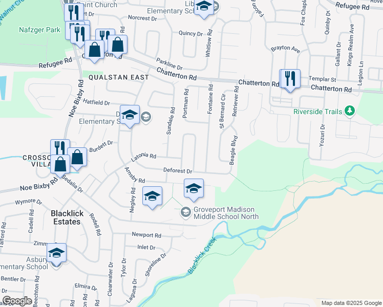 map of restaurants, bars, coffee shops, grocery stores, and more near 3343 Everson Road East in Columbus