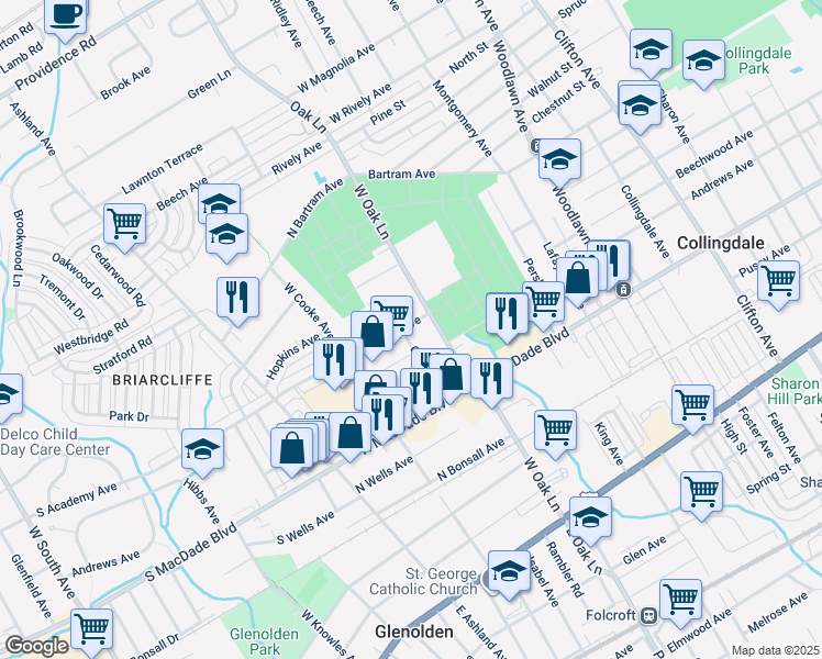 map of restaurants, bars, coffee shops, grocery stores, and more near 207 North Academy Avenue in Glenolden