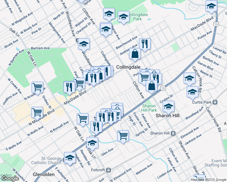 map of restaurants, bars, coffee shops, grocery stores, and more near 111 Wayne Avenue in Collingdale