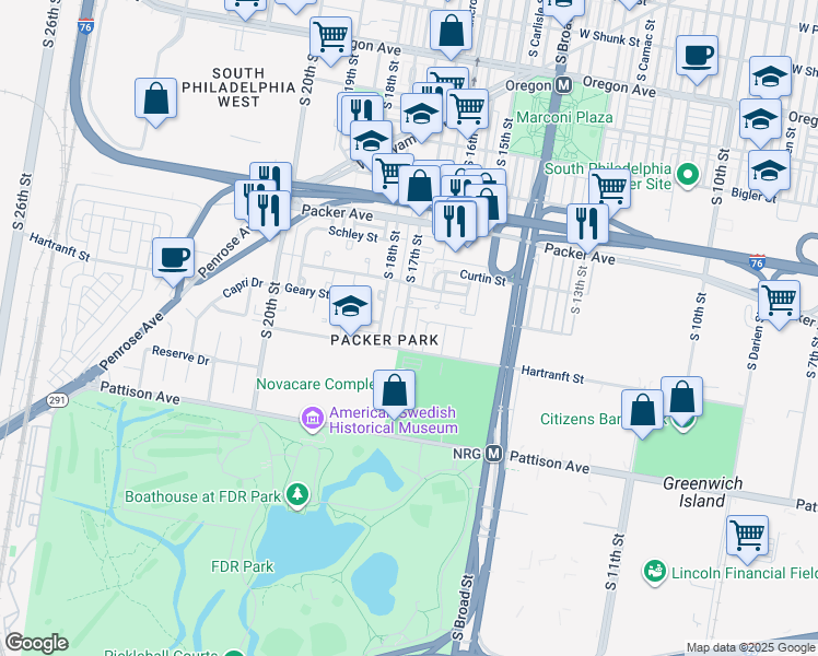 map of restaurants, bars, coffee shops, grocery stores, and more near 3223 South 17th Street in Philadelphia
