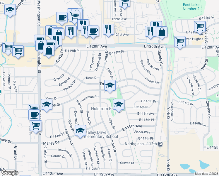 map of restaurants, bars, coffee shops, grocery stores, and more near 1681 Phillips Drive in Northglenn