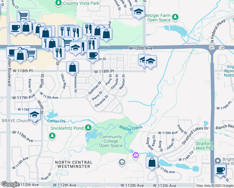 map of restaurants, bars, coffee shops, grocery stores, and more near 11743 Newton Drive in Westminster