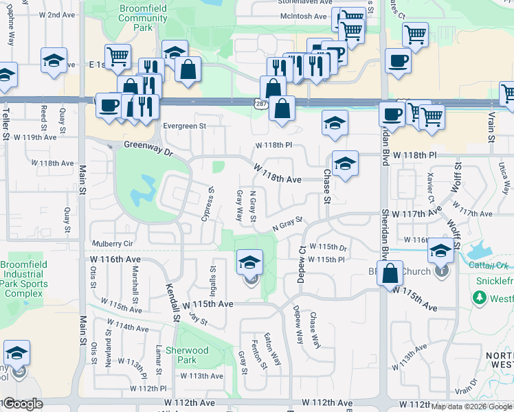 map of restaurants, bars, coffee shops, grocery stores, and more near 11741 Gray Street in Broomfield