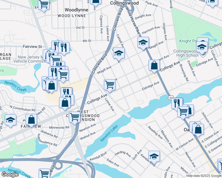 map of restaurants, bars, coffee shops, grocery stores, and more near 1016 West Collings Avenue in Oaklyn