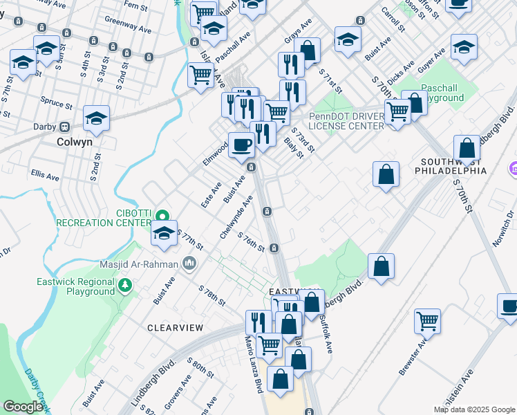map of restaurants, bars, coffee shops, grocery stores, and more near 7507 South 75th Street in Philadelphia