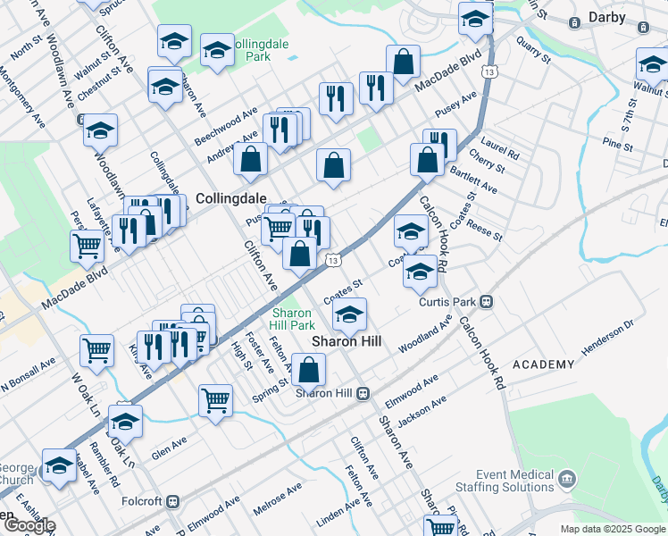 map of restaurants, bars, coffee shops, grocery stores, and more near 125 Barker Avenue in Sharon Hill