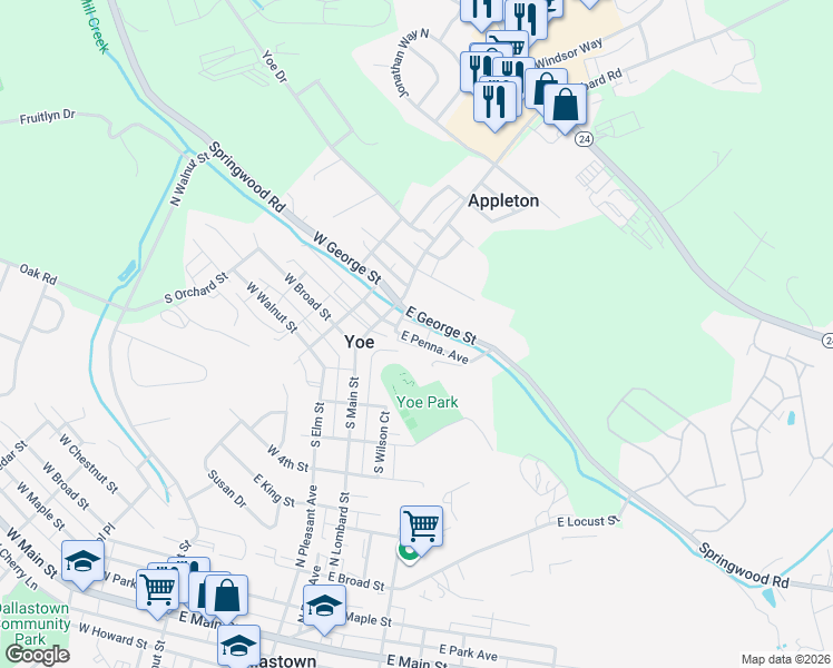 map of restaurants, bars, coffee shops, grocery stores, and more near 52 East Penna. Avenue in Yoe