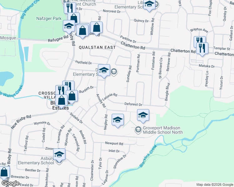 map of restaurants, bars, coffee shops, grocery stores, and more near 3237 Latonia Road in Columbus