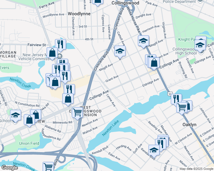 map of restaurants, bars, coffee shops, grocery stores, and more near 555 Champion Avenue in Oaklyn