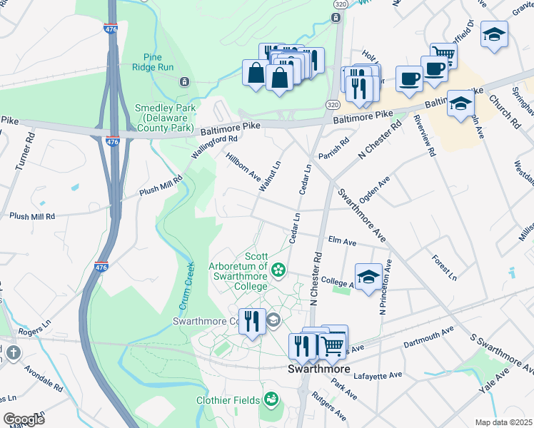 map of restaurants, bars, coffee shops, grocery stores, and more near 521 Elm Avenue in Swarthmore