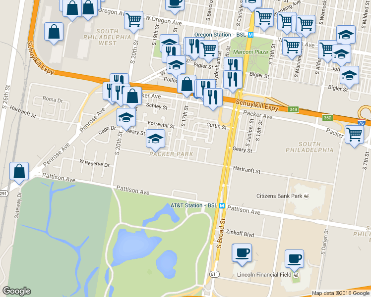 map of restaurants, bars, coffee shops, grocery stores, and more near 3221 South 17th Street in Philadelphia
