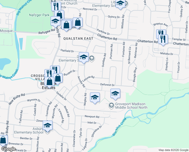 map of restaurants, bars, coffee shops, grocery stores, and more near 3237 Latonia Road in Columbus