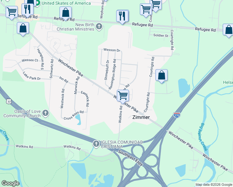 map of restaurants, bars, coffee shops, grocery stores, and more near 3128 Briar Ridge Road in Columbus