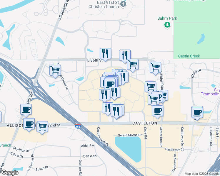 map of restaurants, bars, coffee shops, grocery stores, and more near 6020 East 82nd Street in Indianapolis