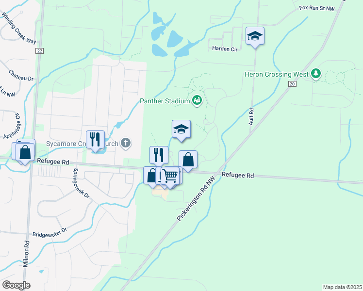 map of restaurants, bars, coffee shops, grocery stores, and more near 7800 Refugee Road in Pickerington