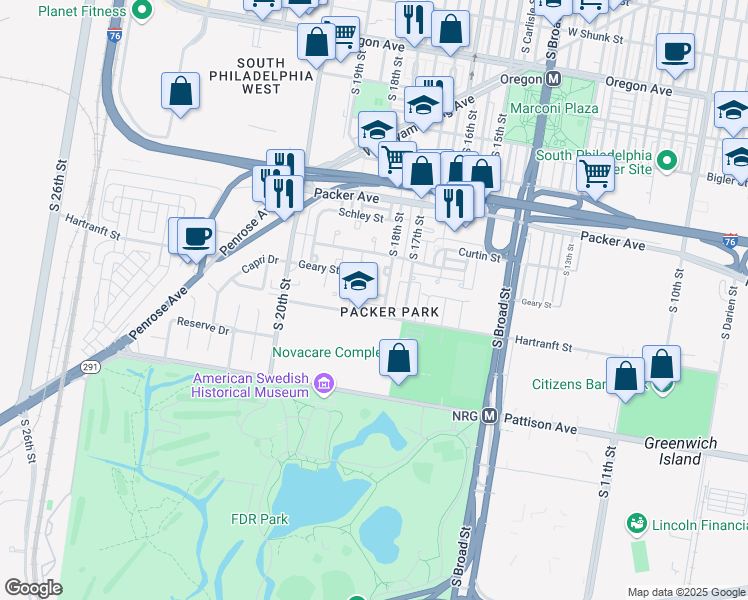 map of restaurants, bars, coffee shops, grocery stores, and more near 1810 Hulseman Street in Philadelphia