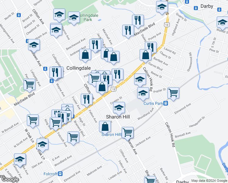 map of restaurants, bars, coffee shops, grocery stores, and more near 1003 Chester Pike in Sharon Hill