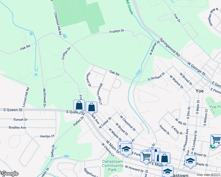 map of restaurants, bars, coffee shops, grocery stores, and more near 759 Blossom Hill Lane in Dallastown