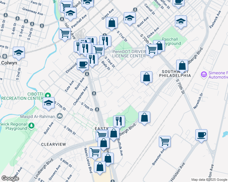 map of restaurants, bars, coffee shops, grocery stores, and more near 7426 Redwing Place in Philadelphia