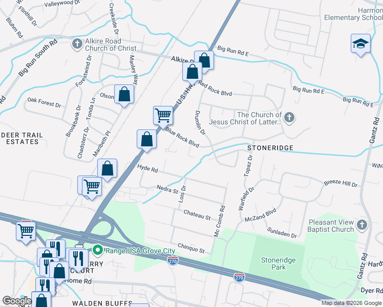 map of restaurants, bars, coffee shops, grocery stores, and more near 2224 Blue Rock Lane in Grove City