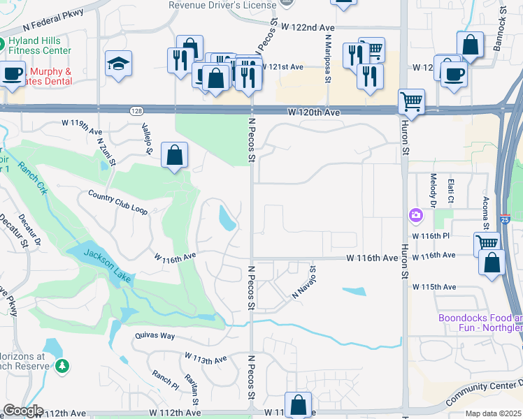 map of restaurants, bars, coffee shops, grocery stores, and more near 11704 North Pecos Street in Westminster