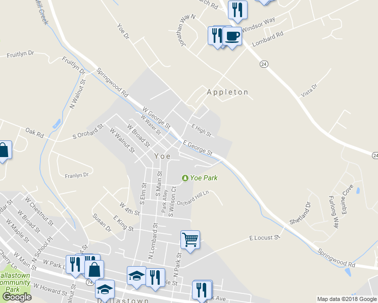 map of restaurants, bars, coffee shops, grocery stores, and more near 55 East Pennsylvania Avenue in Yoe