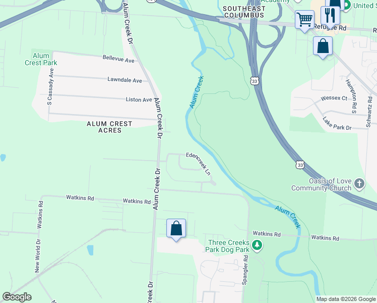 map of restaurants, bars, coffee shops, grocery stores, and more near 2567 Edencreek Lane in Columbus