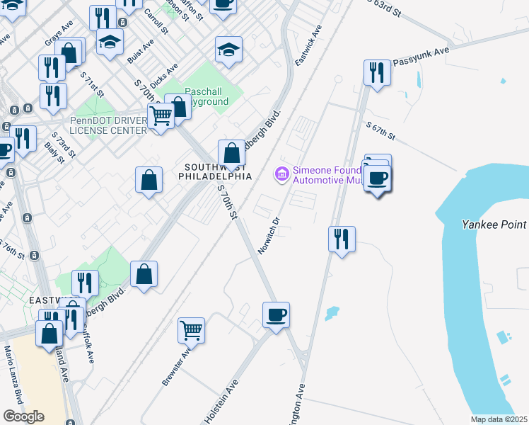 map of restaurants, bars, coffee shops, grocery stores, and more near 6901 Norwitch Drive in Philadelphia