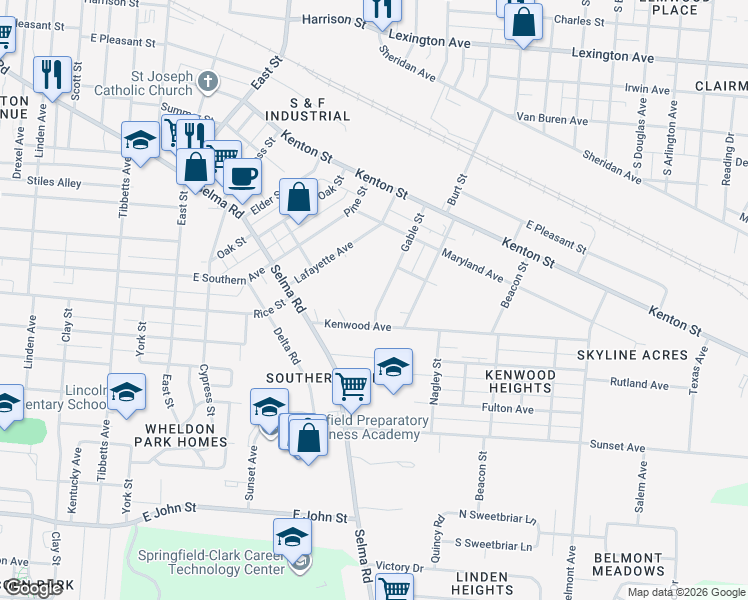 map of restaurants, bars, coffee shops, grocery stores, and more near 1214 Gable Street in Springfield