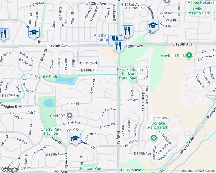 map of restaurants, bars, coffee shops, grocery stores, and more near 5502 East 117th Circle in Denver