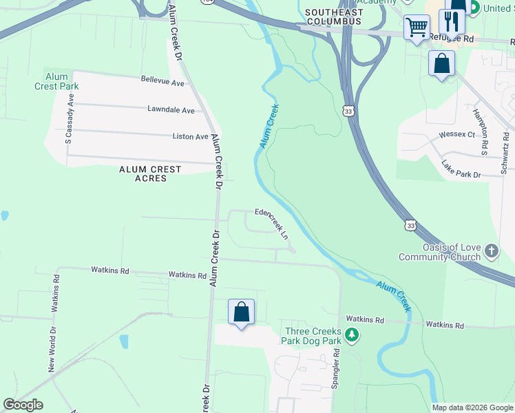 map of restaurants, bars, coffee shops, grocery stores, and more near 2567 Edencreek Lane in Columbus