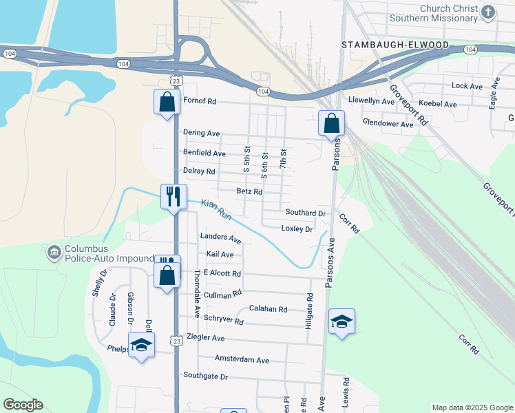 map of restaurants, bars, coffee shops, grocery stores, and more near 2637 South 6th Street in Columbus