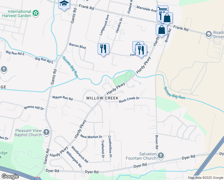 map of restaurants, bars, coffee shops, grocery stores, and more near 1796 Willow Wind Drive in Grove City