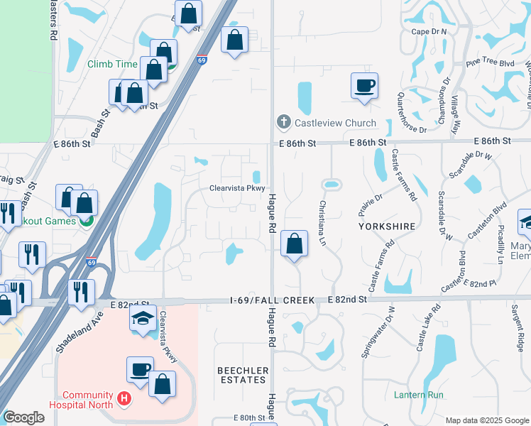 map of restaurants, bars, coffee shops, grocery stores, and more near 8360 Beulahland Place in Indianapolis
