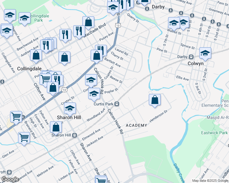 map of restaurants, bars, coffee shops, grocery stores, and more near 711 Poplar Street in Sharon Hill