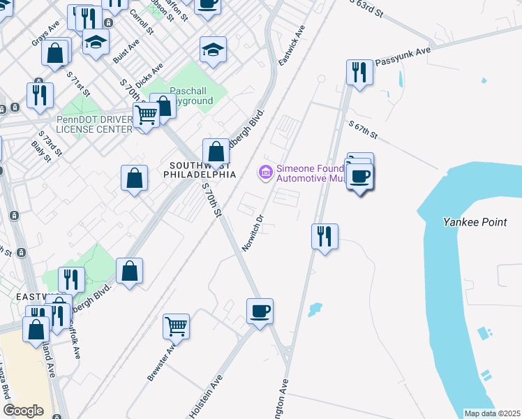 map of restaurants, bars, coffee shops, grocery stores, and more near 6901 Norwitch Drive in Philadelphia