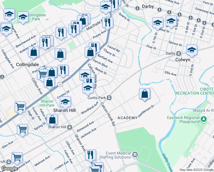 map of restaurants, bars, coffee shops, grocery stores, and more near 711 Poplar Street in Sharon Hill