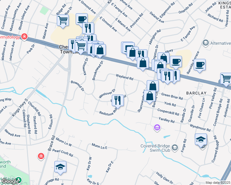 map of restaurants, bars, coffee shops, grocery stores, and more near 129 Westover Drive in Cherry Hill