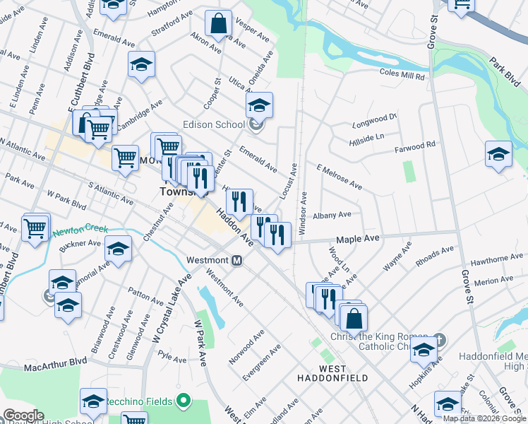 map of restaurants, bars, coffee shops, grocery stores, and more near Highland Ave & E Crystal Lake Ave in Haddon Township